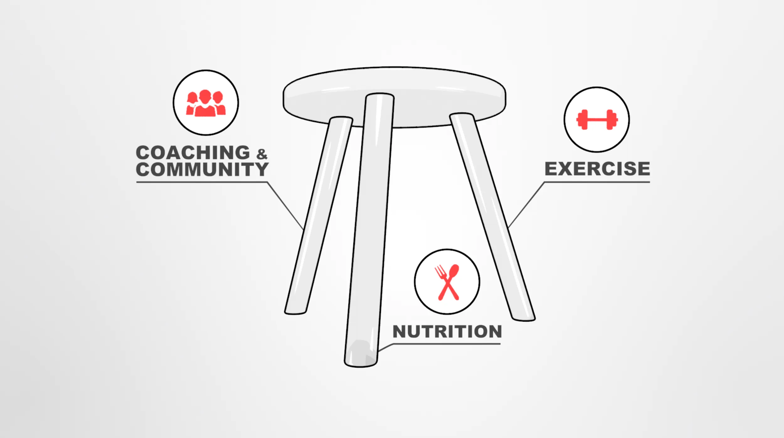 A three-legged stool whose legs are labeled Exercise, Nutrition, and Coaching & Community